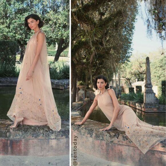 Mac Duggal 9232 Size 10 Nude Gold Floral Jeweled Long Evening Gown Maxi Dress - Picture 3 of 6